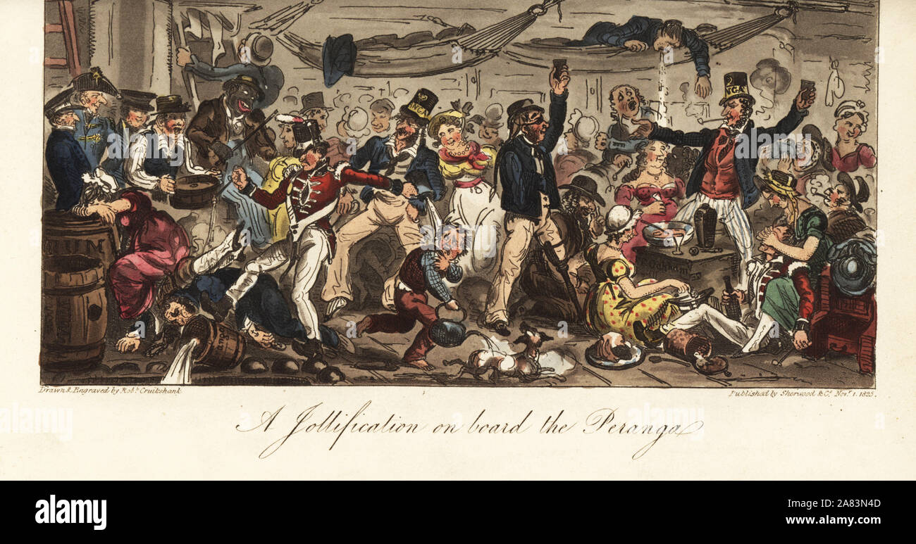 I marinai di bere punch al rum e ballare con le prostitute al di sotto dei ponti su una nave dopo la fine delle guerre napoleoniche. Un Jollification sul bordo della Peranga. Copperplate Handcolored disegnato e inciso da Robert Cruikshank dall'inglese Spy, Londra, 1825. Scritto da Bernard Blackmantle, uno pseudonimo di Charles Molloy Westmacott. Foto Stock