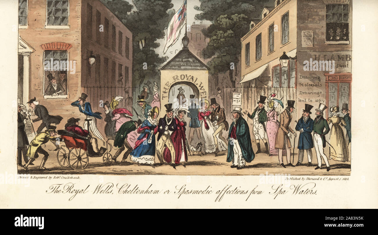 Regency colleghi visitando il Royal Wells spa, Cheltenham, e osservando i malati e zoppi al gate. Copperplate Handcolored disegnato e inciso da Robert Cruikshank dall'inglese Spy, Londra, 1825. Scritto da Bernard Blackmantle, uno pseudonimo di Charles Molloy Westmacott. Foto Stock