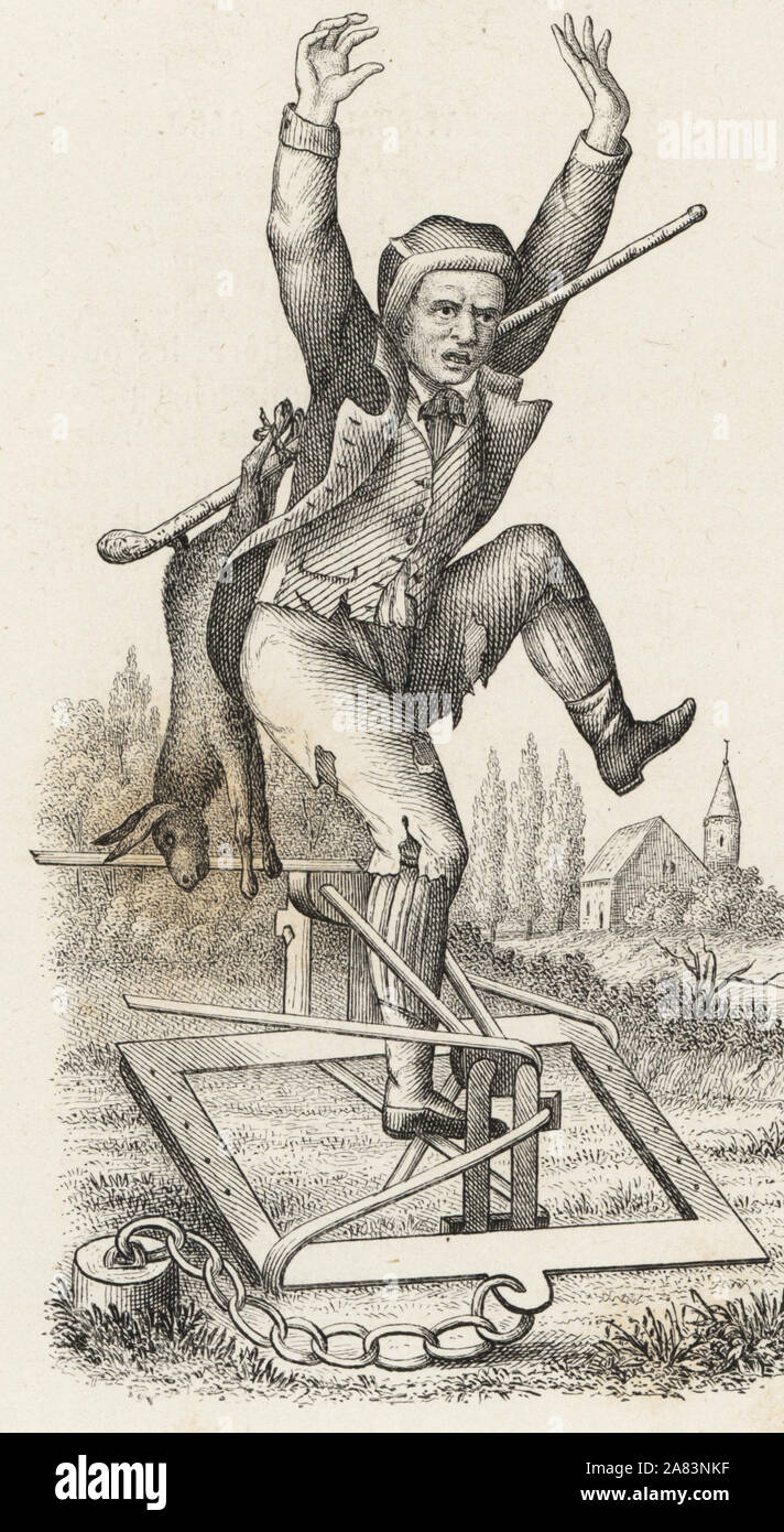 Bracconiere con un coniglio su un bastone catturati in un mantrap. Woodblock incisione da Louis van Houtte e Charles Lemaire di fiori dei giardini e serre di Europa, Flore des Serres et des jardins de l'Europe, Gand, Belgio, 1870. Foto Stock