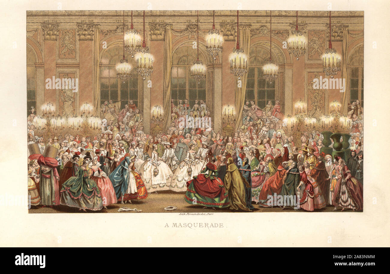 Masquerade party in una grande sala da ballo con mirroring o Galerie des glacés, XVIII secolo. Chromolithograph dopo Charles Nicolas Cochin da Paul Lacroix' del XVIII secolo: le sue istituzioni, le usanze e i costumi, Londra, 1876. Foto Stock