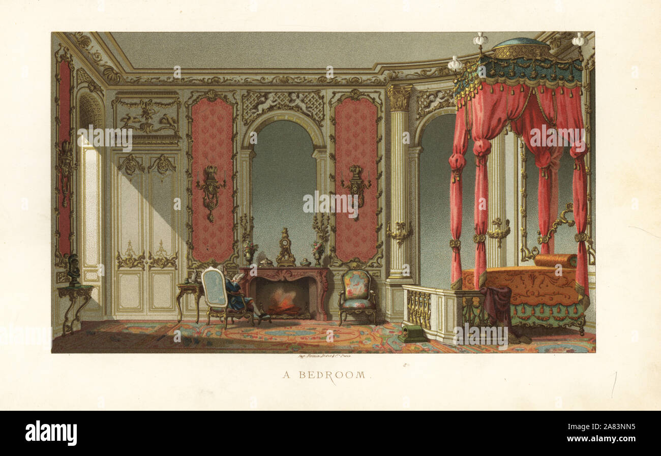 L'uomo la lettura di un libro davanti al fuoco in una camera con letto a baldacchino, letto a baldacchino, Tino, specchio in stile barocco e la decorazione di interni. Chromolithograph da Paul Lacroix' del XVIII secolo: le sue istituzioni, le usanze e i costumi, Londra, 1876. Foto Stock