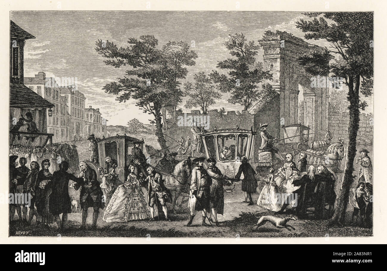 Società di moda che arrivano in pullman per una passeggiata a Parigi, XVIII secolo. Litografia dopo Augustin de Saint Aubin da Paul Lacroix' del XVIII secolo: le sue istituzioni, le usanze e i costumi, Londra, 1876. Foto Stock