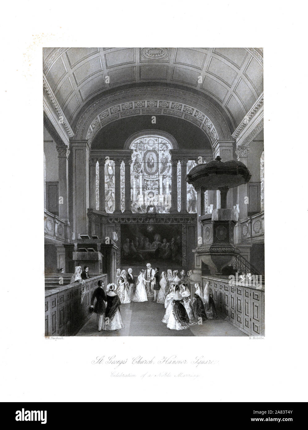 La celebrazione di un matrimonio nobile in la chiesa di San Giorgio, Hanover Square. Incisione in acciaio da Henry Melville dopo una illustrazione di Thomas Hosmer Shepherd da Londra interni, i loro costumi e cerimonie, Joshua Mead, Londra, 1841. Foto Stock