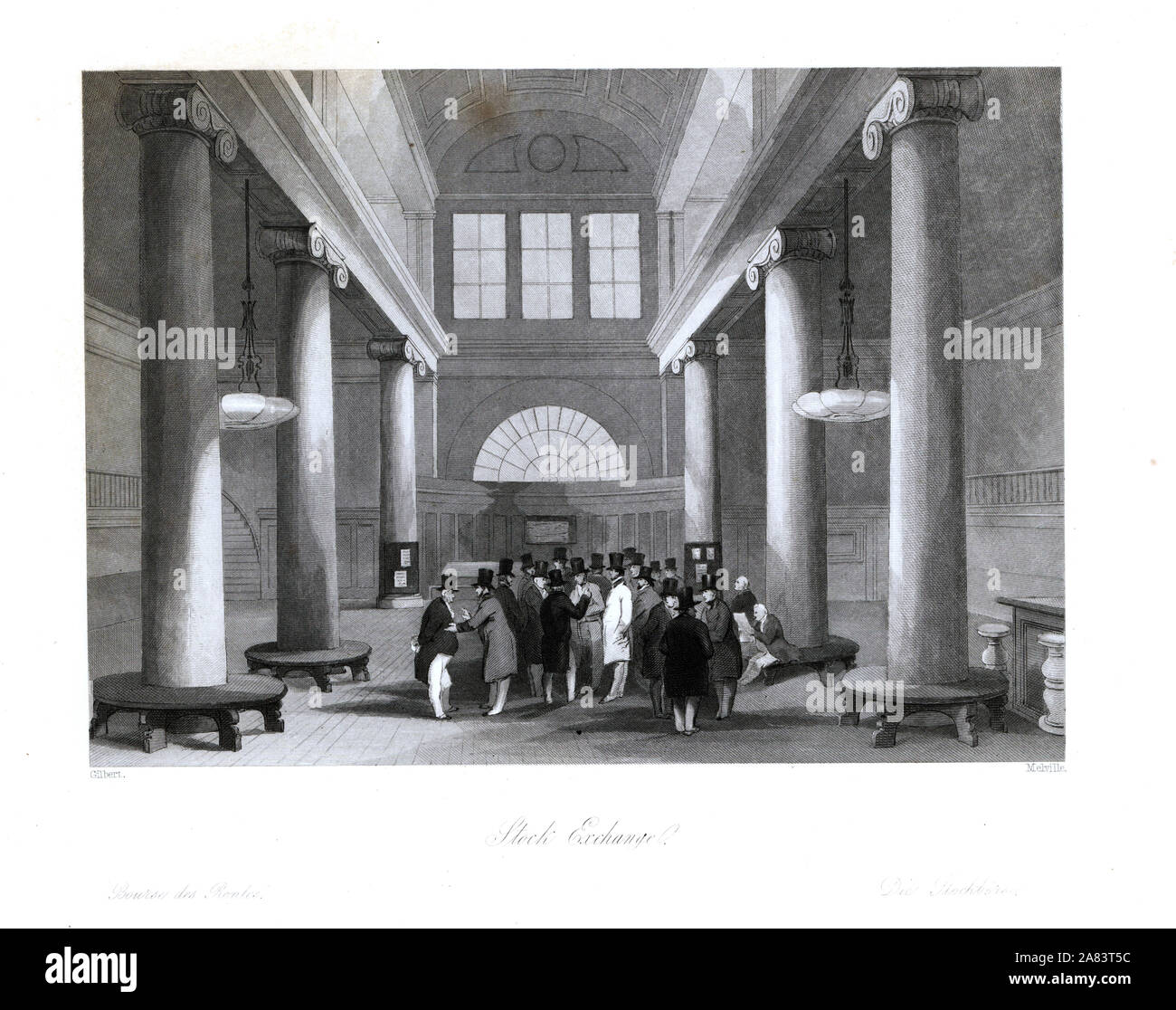 Broker vittoriano si occupano in Borsa. Incisione in acciaio da Henry Melville dopo una illustrazione da Gilbert da Londra interni, i loro costumi e cerimonie, Joshua Mead, Londra, 1841. Foto Stock