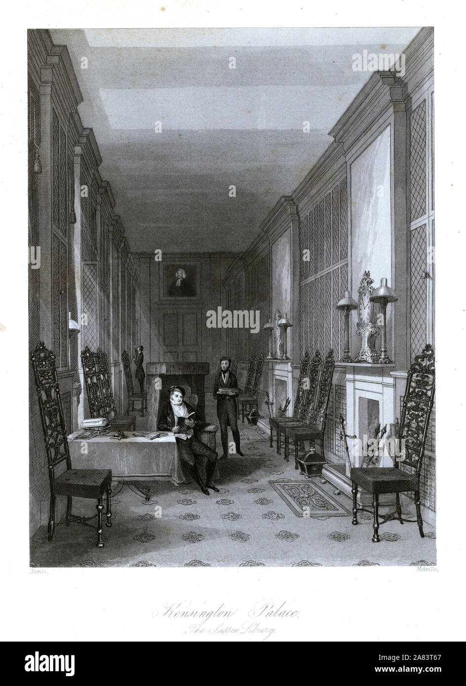 Il Sussex Libreria in Kensington Palace. Incisione in acciaio da Henry Melville dopo una illustrazione da Jarvis da Londra interni, i loro costumi e cerimonie, Joshua Mead, Londra, 1841. Foto Stock