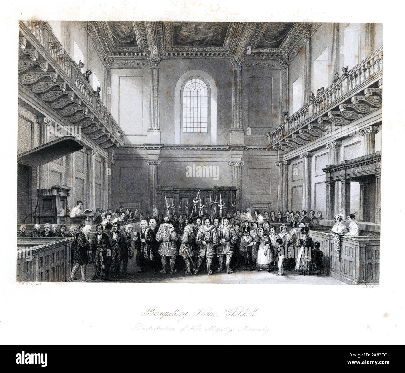 Distribuzione di Sua Maestà, Maundy nei banchetti House, Whitehall. Alms annuale cerimonia da Beefeaters in Quaresima. Incisione in acciaio da Henry Melville dopo una illustrazione di Thomas Hosmer Shepherd da Londra interni, i loro costumi e cerimonie, Joshua Mead, Londra, 1841. Foto Stock