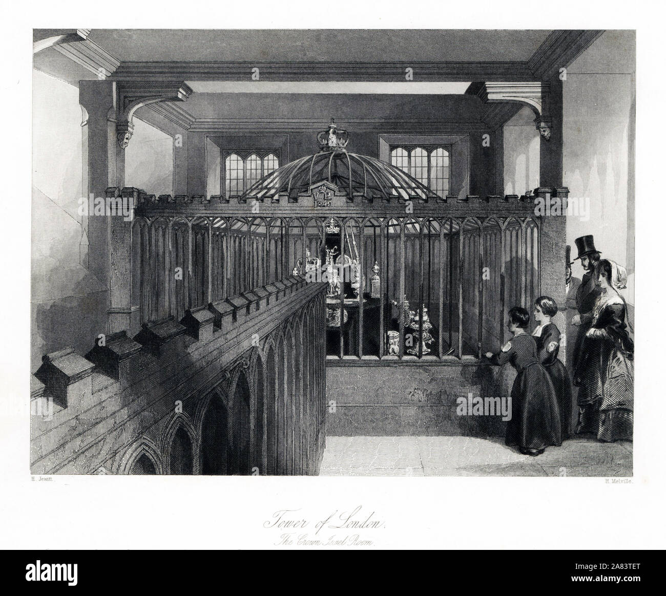 Turisti vittoriano esaminando la royal gioielli in il gioiello nella corona Camera, Torre di Londra. Incisione in acciaio da Henry Melville dopo una illustrazione da Llewellyn Jewitt da Londra interni, i loro costumi e cerimonie, Joshua Mead, Londra, 1841. Foto Stock