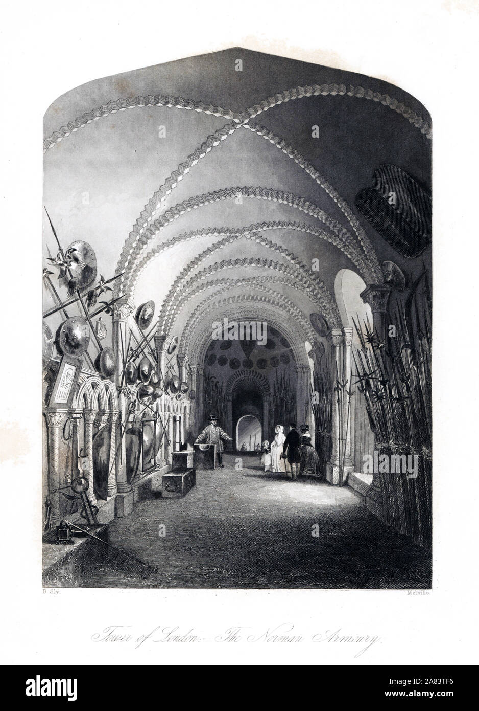 Beefeater mostrando turisti vittoriana il Normanno Armeria o il piccolo arsenale nella Torre di Londra. Tra le armi e le protezioni sono attrezzi medievali della tortura. Incisione in acciaio da Henry Melville dopo una illustrazione da B. Sly da Londra interni, i loro costumi e cerimonie, Joshua Mead, Londra, 1841. Foto Stock