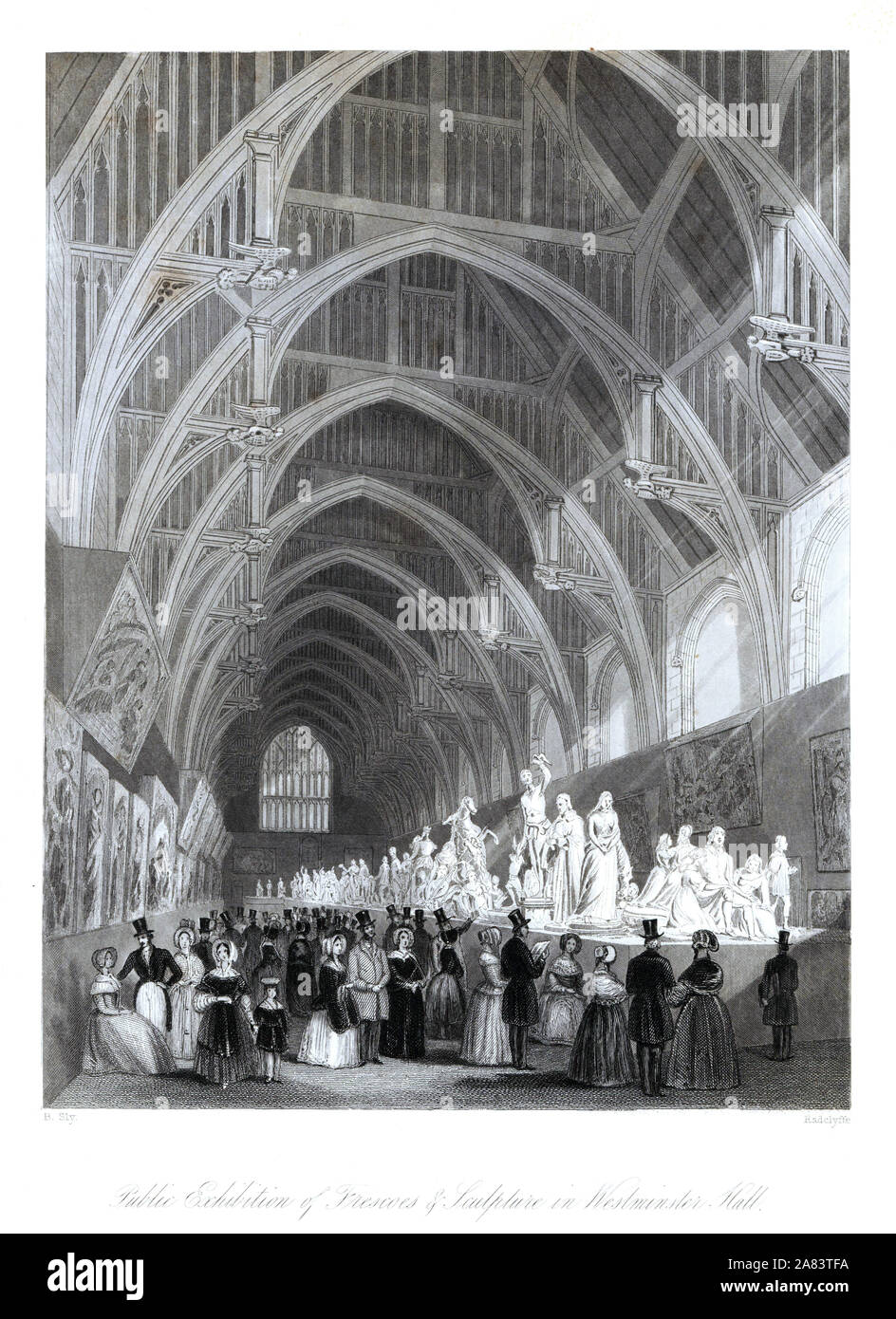 Turisti vittoriano in una mostra di affreschi, dipinti e sculture nella Westminster Hall, 1844. Incisione in acciaio da Radclyffe dopo una illustrazione da B. Sly da Londra interni, i loro costumi e cerimonie, Joshua Mead, Londra, 1841. Foto Stock