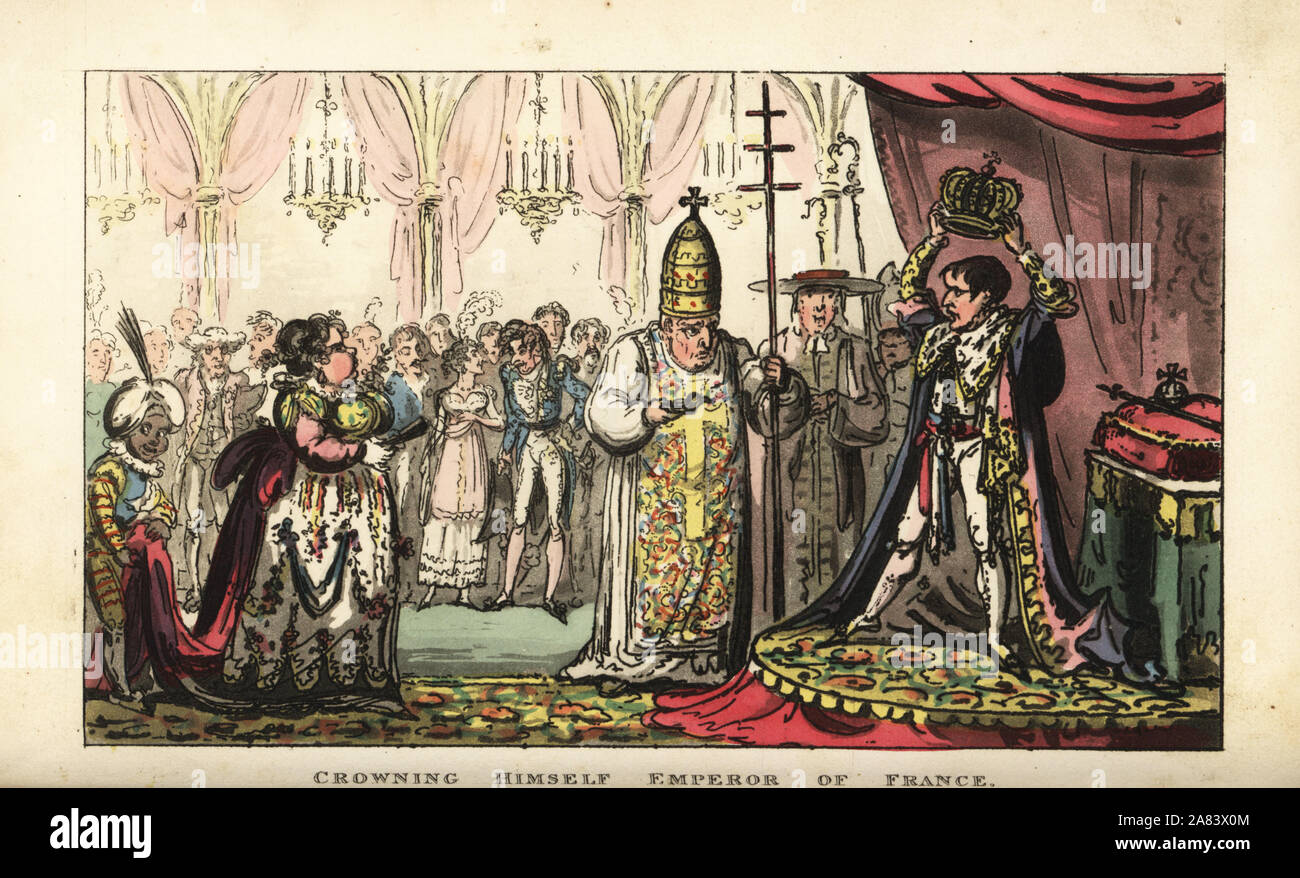 Napoleone Bonaparte a coronamento di se stesso Imperatore di Francia a  Notre Dame, 1804. Handcolored incisione su rame di George Cruikshank dalla  vita di Napoleone un poema Hudibrastic dal medico sintassi, T.
