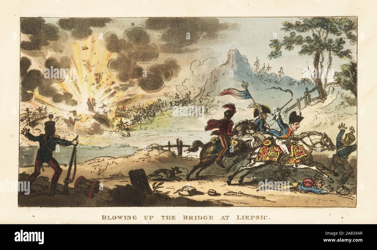 Napoleone Bonaparte e il suo esercito ritirandosi dalla battlefied di Liepzig, dopo la prematura distruzione del ponte sul fiume Elster, 1813. Handcolored incisione su rame di George Cruikshank dalla vita di Napoleone un poema Hudibrastic dal medico sintassi, T. Tegg, Londra, 1815. Foto Stock