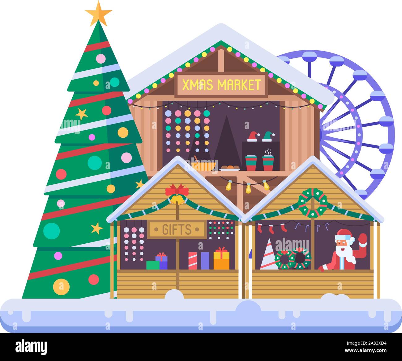 Mercatino di Natale di stalli in legno sulla Fiera di natale Illustrazione Vettoriale