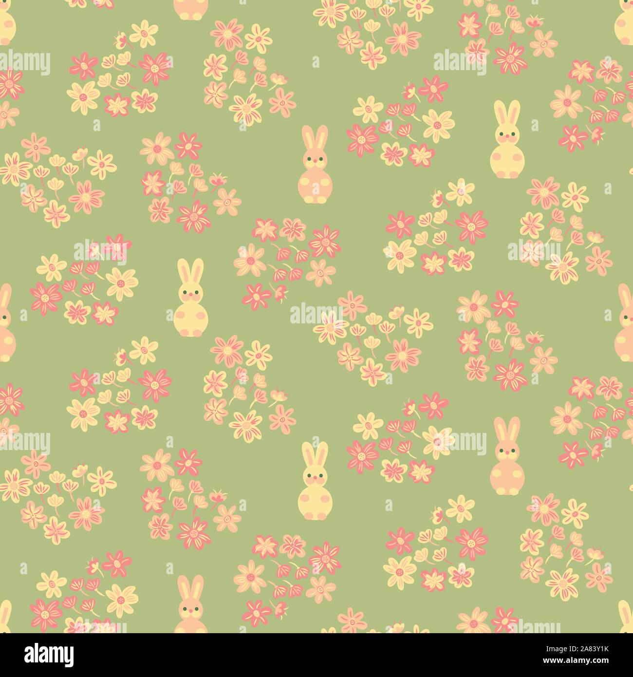 Vettore di seamless pattern con rosa e giallo coniglietti e foral cuori su un nuovo sfondo verde Illustrazione Vettoriale