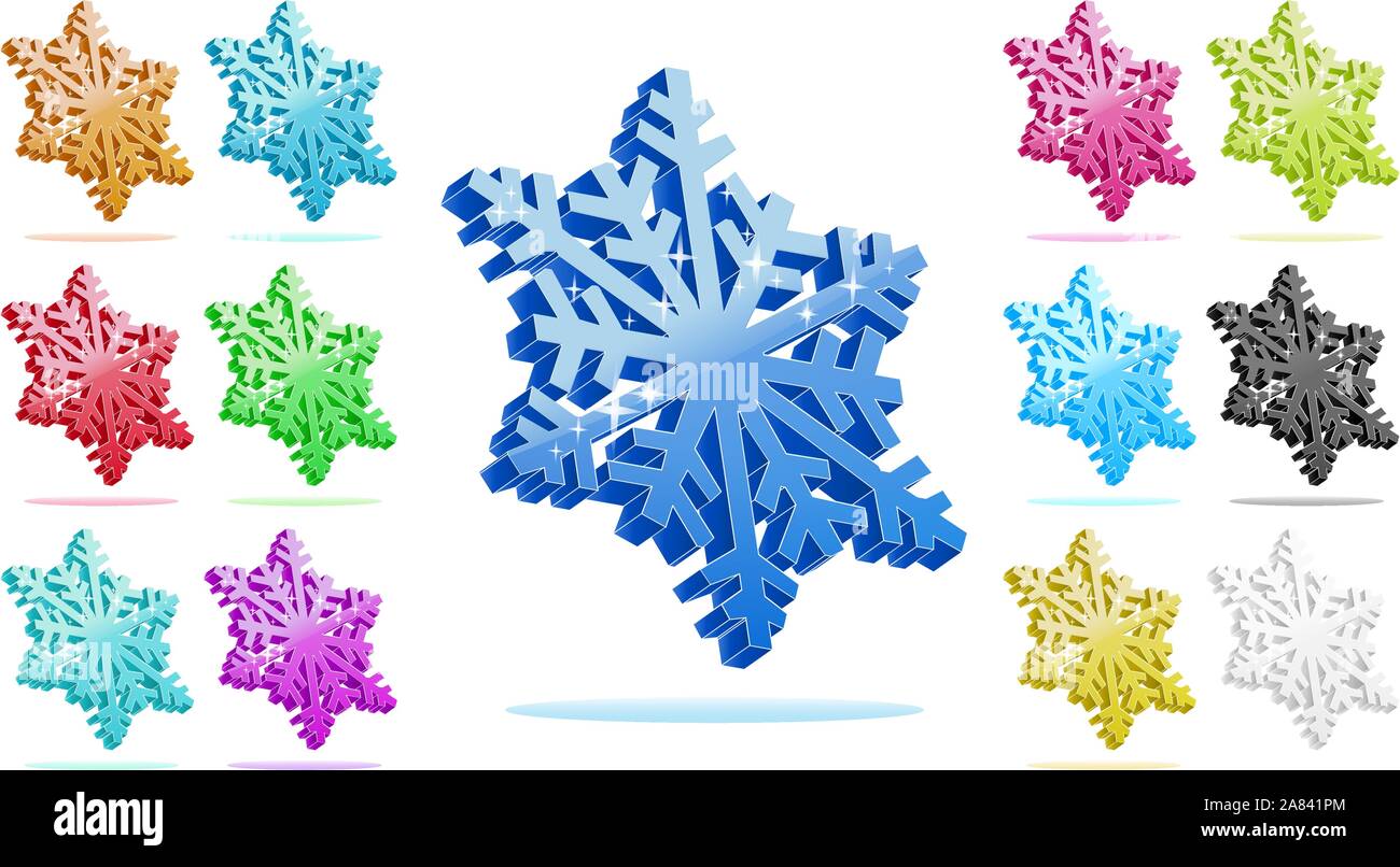 3d colorato di fiocchi di neve raccolta isolati su sfondo bianco. Inverno natale fiocco di neve elemento di cristallo. Meteo illustrazione set di ghiaccio. Illustrazione Vettoriale