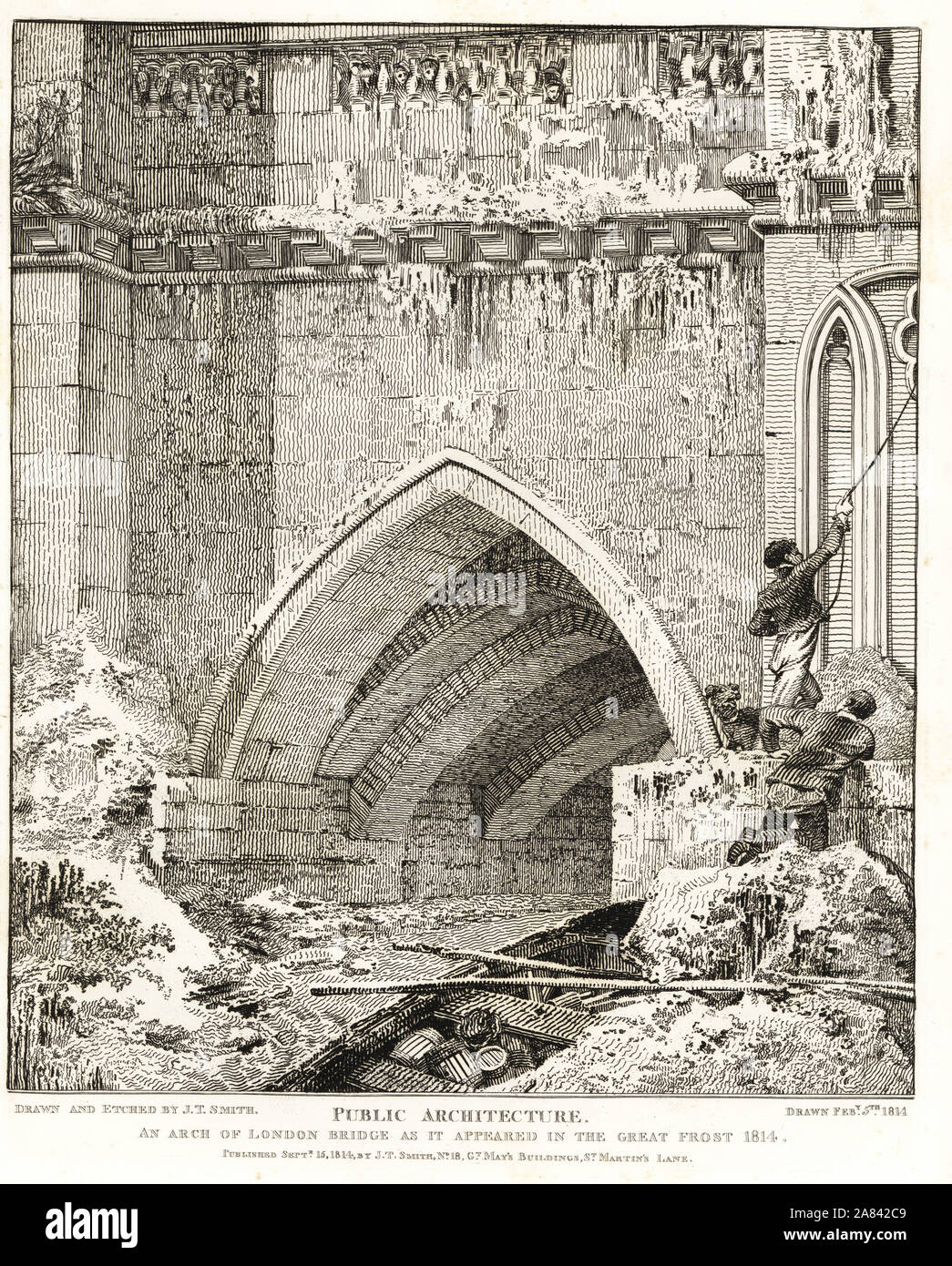 Arcata del Ponte di Londra come è apparso in grande gelata del 1814. Due battellieri per la cui barca ha schiantato un inguine sono tirati per la sicurezza da corda. Incisione su rame disegnato e inciso da John Thomas Smith dalla sua topografia di Londra, 1814. Foto Stock