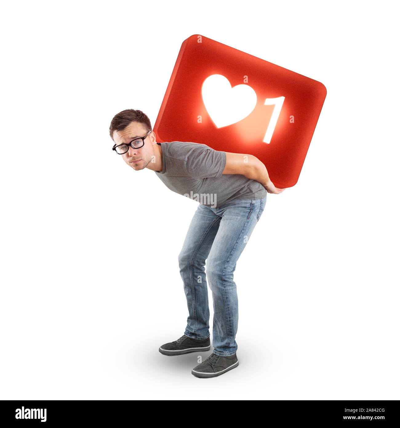 Uomo che porta un grande social media come simbolo - isolato su bianco Foto Stock