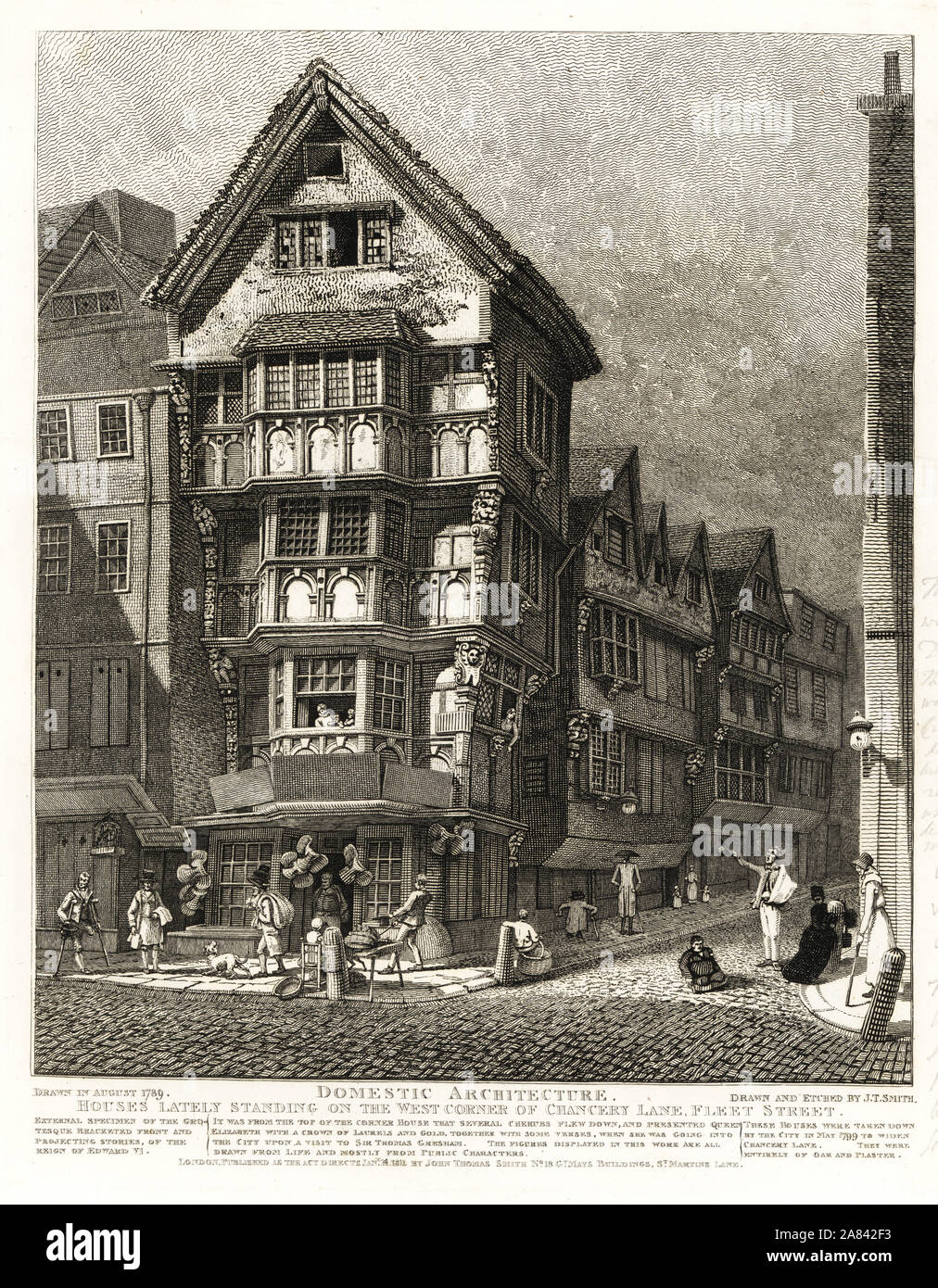 Tudor case sull'angolo del Chancery Lane, Fleet Street, 1789. Campione esterno del grottesco anteriore tra parentesi e sporgente storie del regno di Edoardo VI. Demolita 1799. La strada i caratteri includono il Welsh dwarf Geremia Davies, legless Samuel Horsey, re dei mendicanti. Incisione su rame disegnato e inciso da John Thomas Smith dalla sua topografia di Londra, 1812. Foto Stock