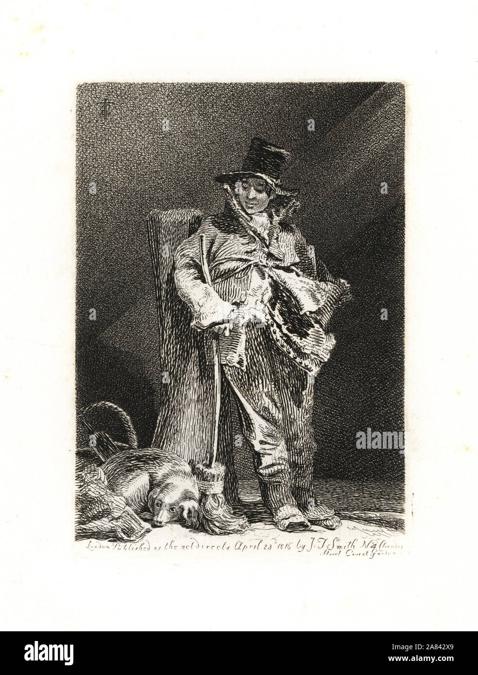 Strada di attraversamento spazzatrice ragazzo in un grande waistcoast e soldato giacca. Con il cane e ginestra. Lavorato Prince's Street e Hanover Square. Attacco di calcografia disegnato e inciso da John Thomas Smith dal suo Vagabondiana, aneddoti del mendicante Wanderers attraverso le strade di Londra, 1817. Foto Stock