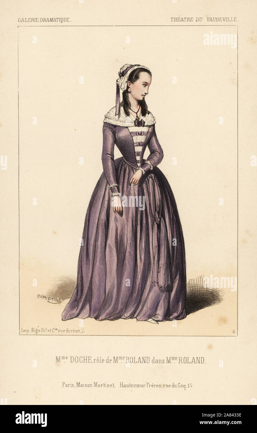 Madame Charlotte Doche in Madame Roland da Virginie Ancelot, Theatre du Vaudeville, 1843. Litografia Handcolored dopo una illustrazione di Victor Dollet da Galerie Dramatique: costumi des teatri de Paris, Paris, 1844. Foto Stock