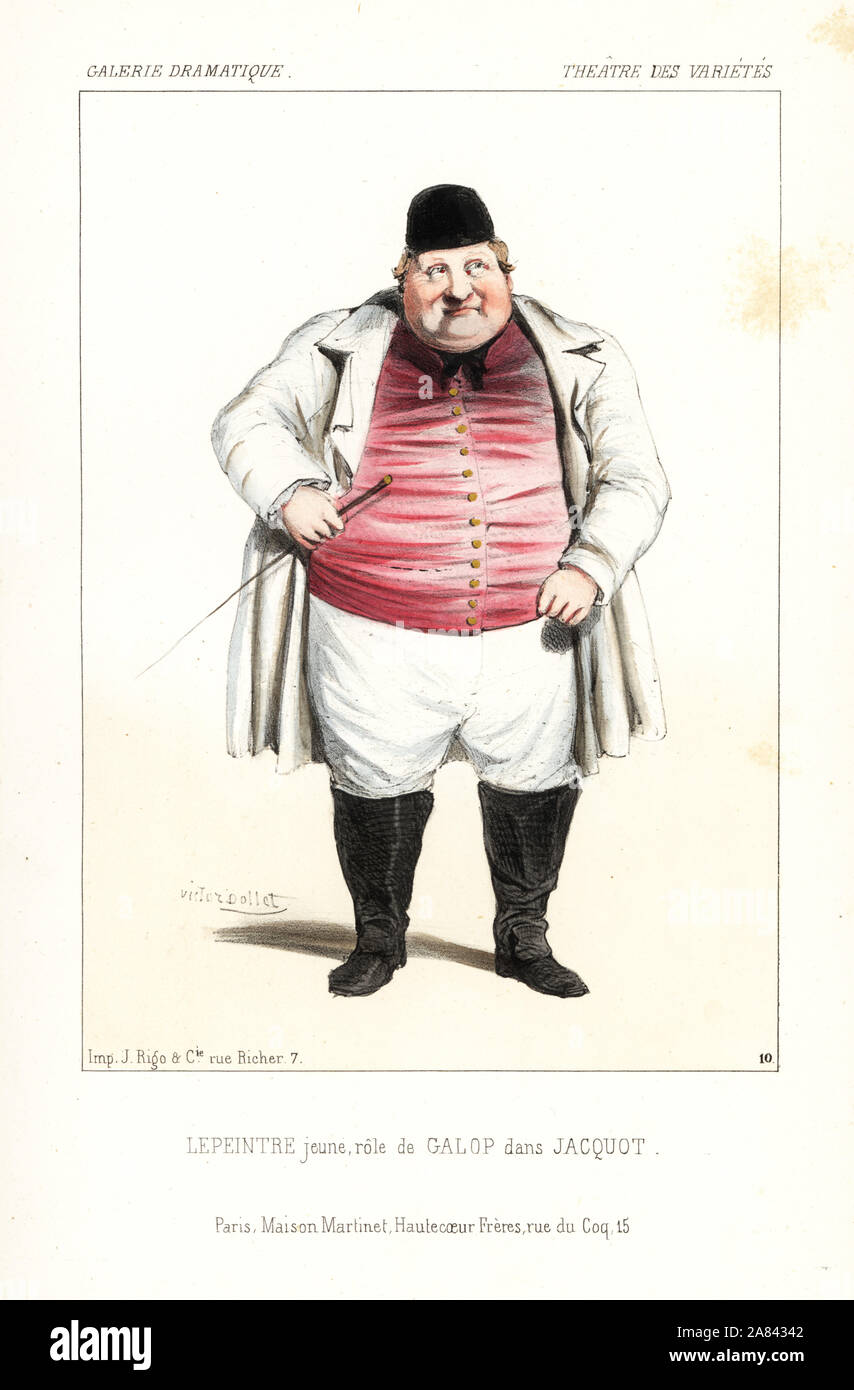 Emanuel Lepeintre Jr. come Galop in Jacquot da Lurieu e Guinot Theatre des Varietes, 1843. Litografia Handcolored dopo una illustrazione di Victor Dollet da Galerie Dramatique: costumi des teatri de Paris, Paris, 1845. Foto Stock