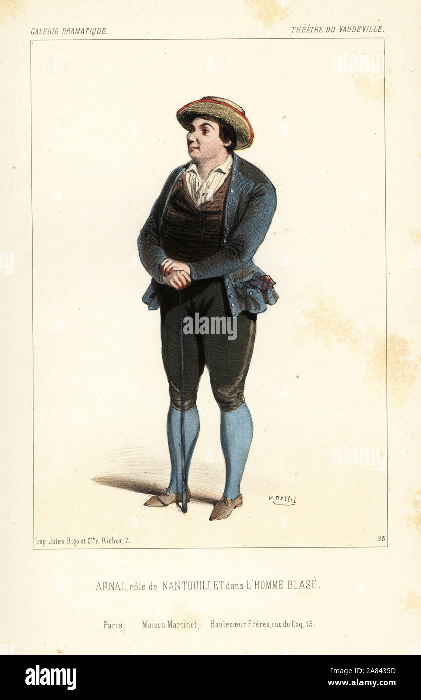 Etienne Arnal come Nantouillet in L'Homme Biagio da Duvert e Lauzanne, Theatre du Vaudeville, 1843. Litografia Handcolored dopo una illustrazione di Victor Dollet da Galerie Dramatique: costumi des teatri de Paris, Paris, 1845. Foto Stock