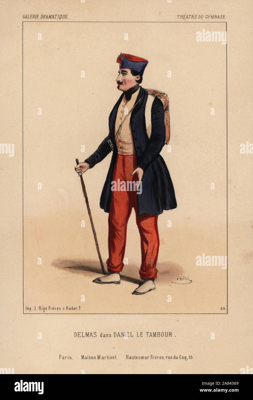 Attore francese Jean-Francois Delmas in Daniel le Tambour da Auvray, Teatro de Gymnase Dramatique, 1843. Litografia Handcolored dopo una illustrazione di Victor Dollet da Galerie Dramatique: costumi des teatri de Paris, Paris, 1845. Foto Stock