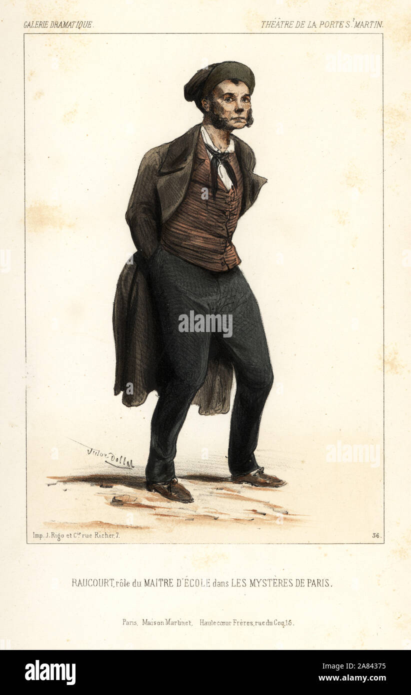 Achille Raucourt come maitre d'Ecole in Les Mysteres de Paris da Eugène Sue, il Teatro de la Porte San Martin, 1844. Litografia Handcolored dopo una illustrazione di Victor Dollet da Galerie Dramatique: costumi des teatri de Paris, Paris, 1845. Foto Stock