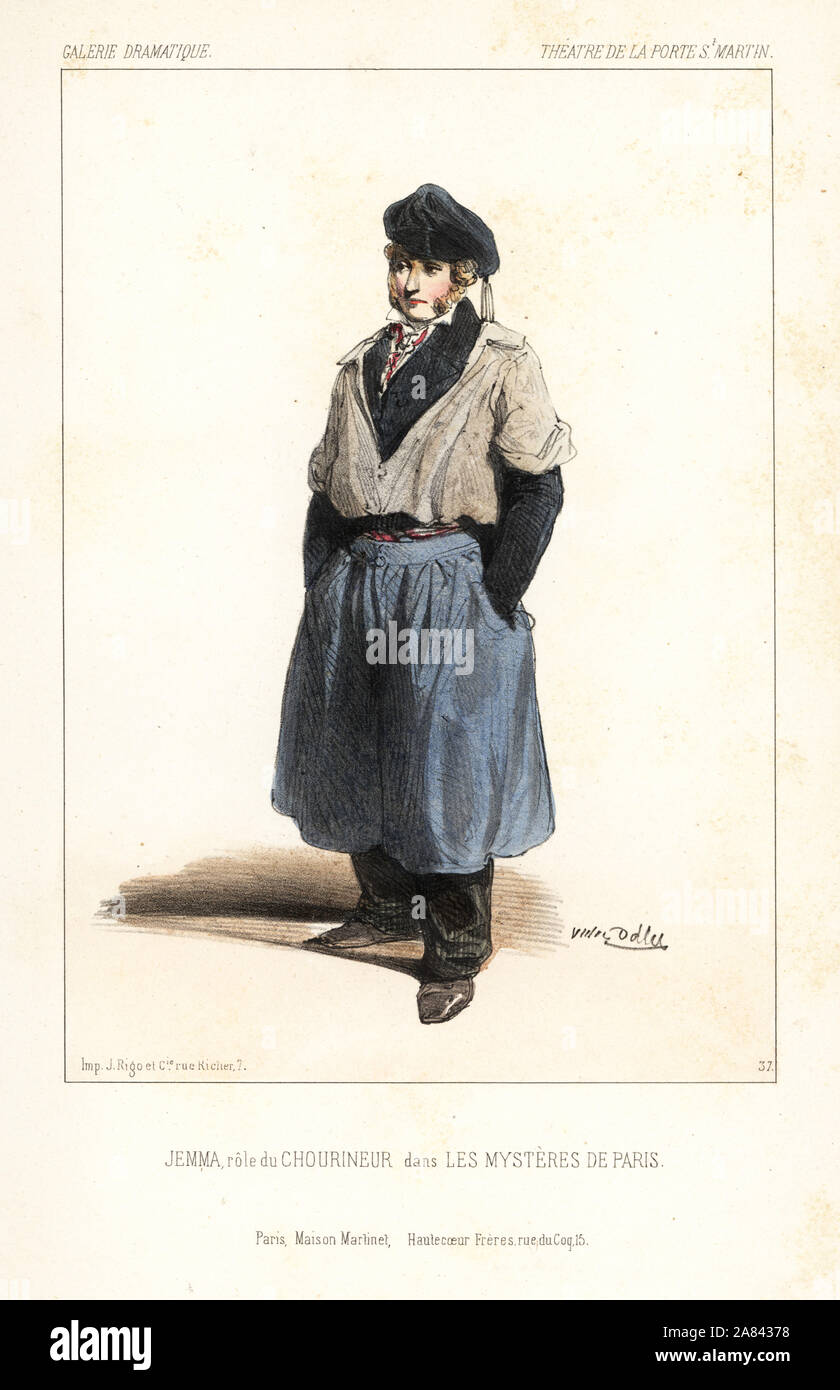 Attore francese Jemma in Chourineur in Les Mysteres de Paris, il Teatro de la Porte San Martin, 1844. Litografia Handcolored dopo una illustrazione di Victor Dollet da Galerie Dramatique: costumi des teatri de Paris, Paris, 1845. Foto Stock