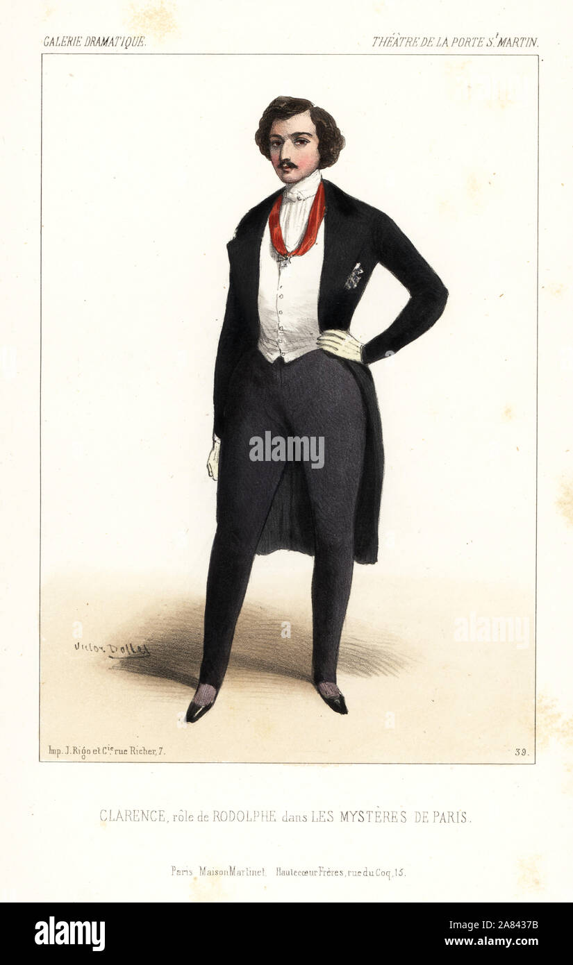 Charles Clarence come Rodolphe in Les Mysteres de Paris da Eugène Sue, il Teatro de la Porte San Martin, 1844. Litografia Handcolored dopo una illustrazione di Victor Dollet da Galerie Dramatique: costumi des teatri de Paris, Paris, 1845. Foto Stock