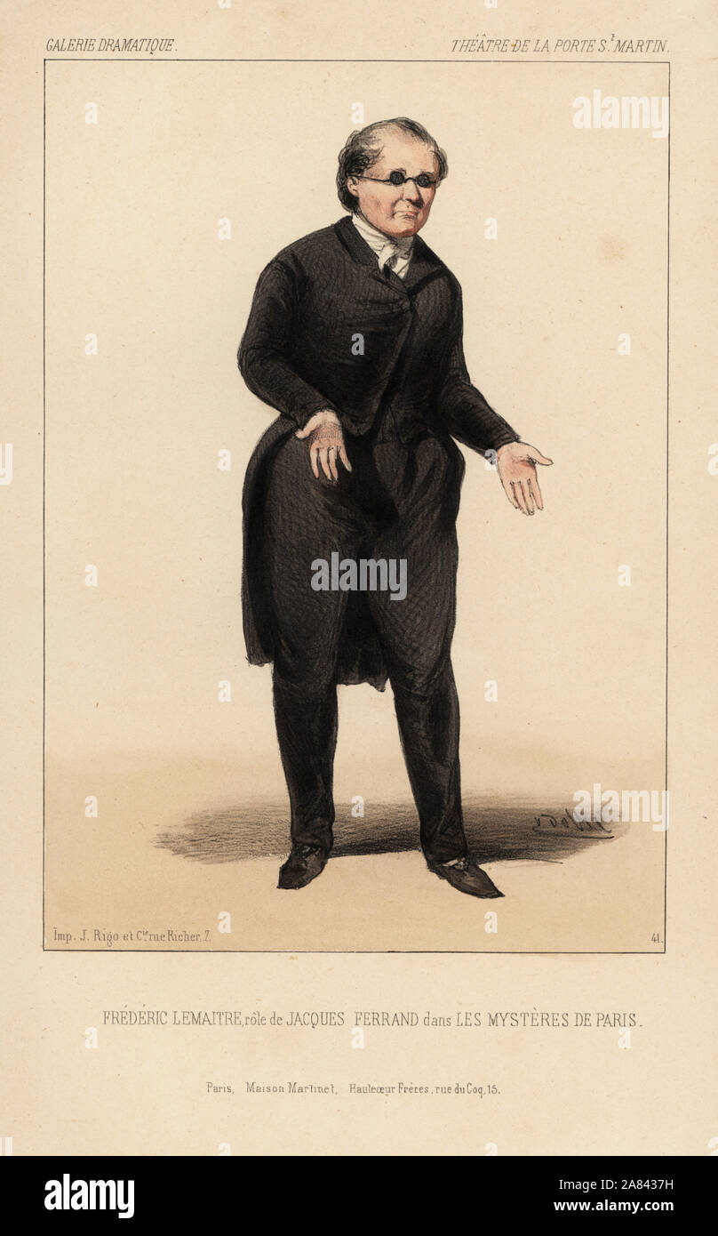 Frederic Lemaitre ha come Jacques Ferrand in Les Mysteres de Paris da Eugène Sue, il Teatro de la Porte San Martin, 1844. Litografia Handcolored dopo una illustrazione di Victor Dollet da Galerie Dramatique: costumi des teatri de Paris, Paris, 1845. Foto Stock