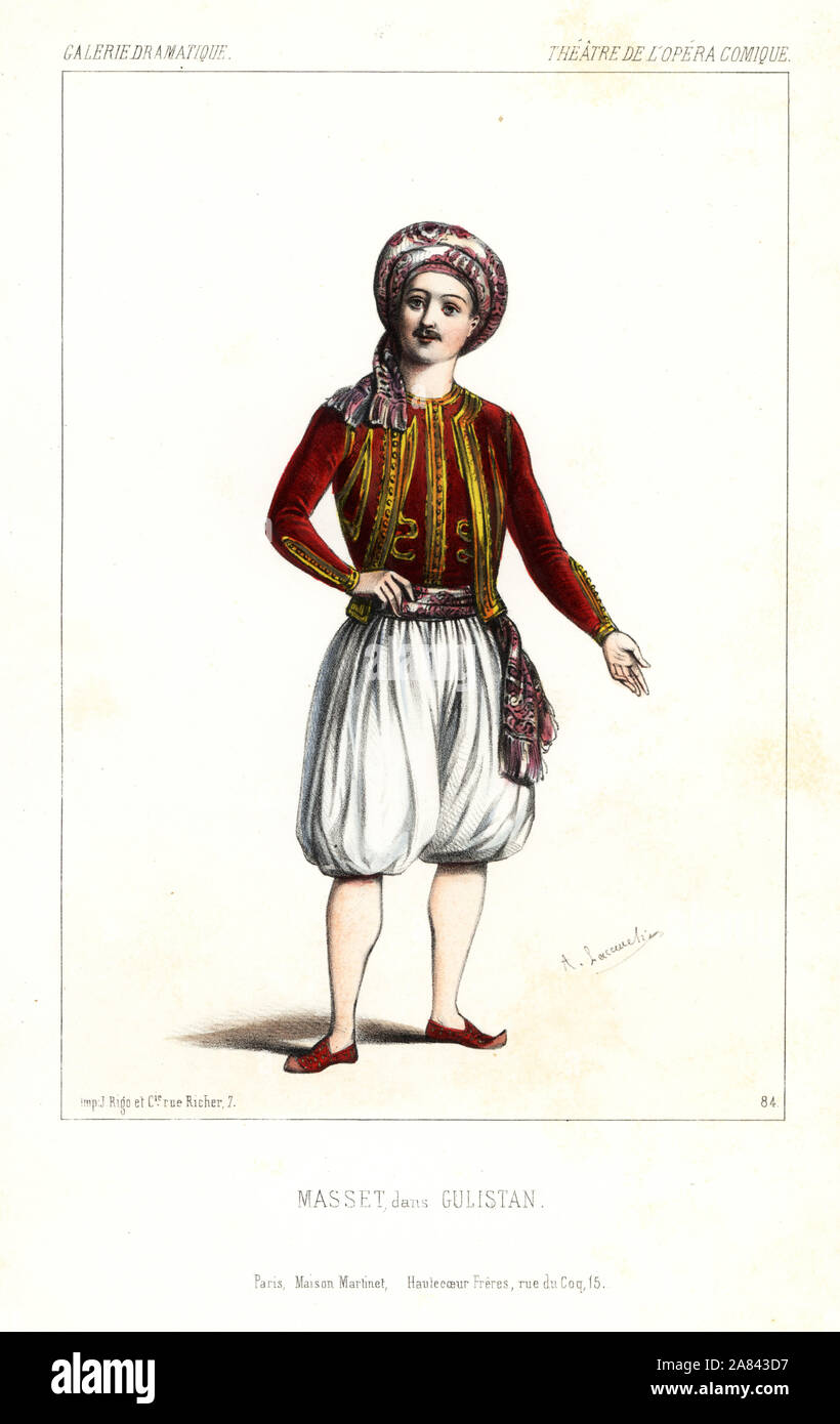 Tenore cantante Nicolas Jean-Jacques Masset come Gulistan in opera Gulistan ou Le hulla de Samarcande da Nicolas Dalayrac, Teatro de l'Opera Comique, 1844. Foto Stock