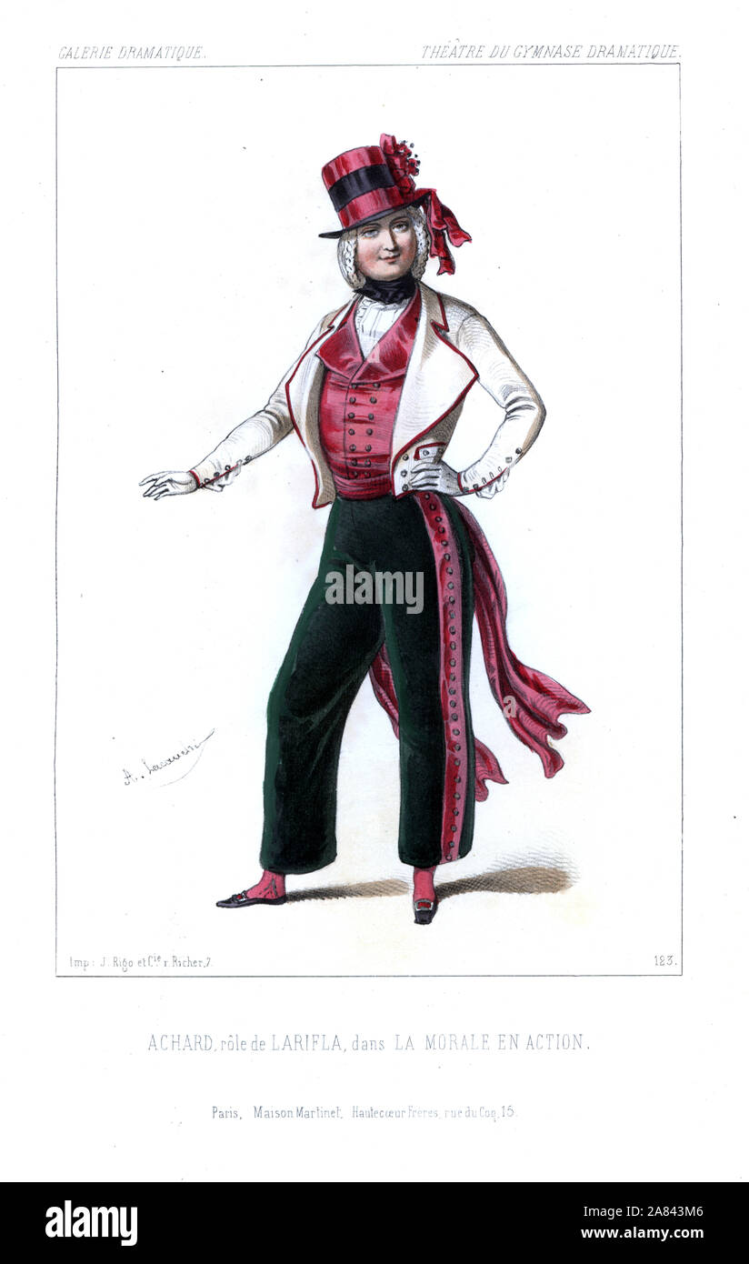 Leon Achard come Larifla in La Morale en Action di Jaime e Villeneuve, Theatre du Gymnase Dramatique, 1845. Litografia Handcolored dopo una illustrazione di Alexandre Lacauchie da Victor Dollet's Galerie Dramatique: costumi des teatri de Paris, Paris, 1845. Foto Stock