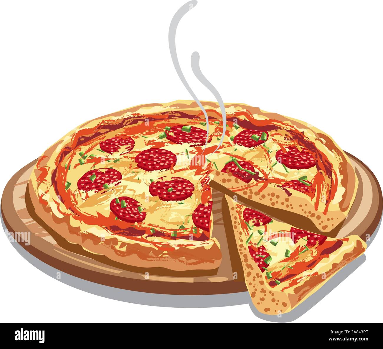 Illustrazione della pizza salame sul pannello di legno Illustrazione Vettoriale
