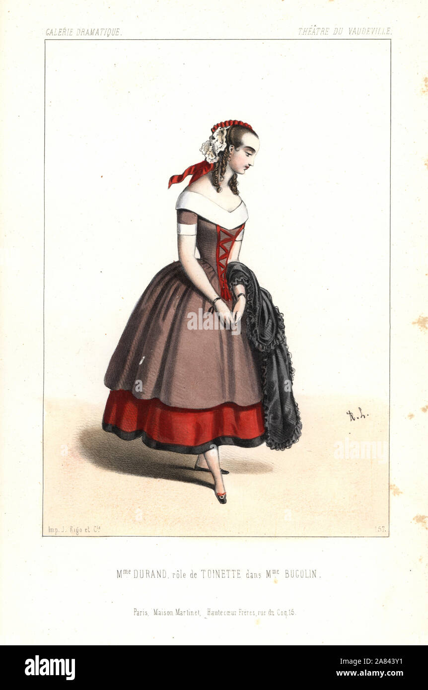 Fanny Durand nel ruolo di Toinette in Madame Bugolin, Vaudeville, 1845. Litografia Handcolored dopo una illustrazione di Alexandre Lacauchie da Victor Dollet's Galerie Dramatique: costumi des teatri de Paris, Paris, 1845. Foto Stock