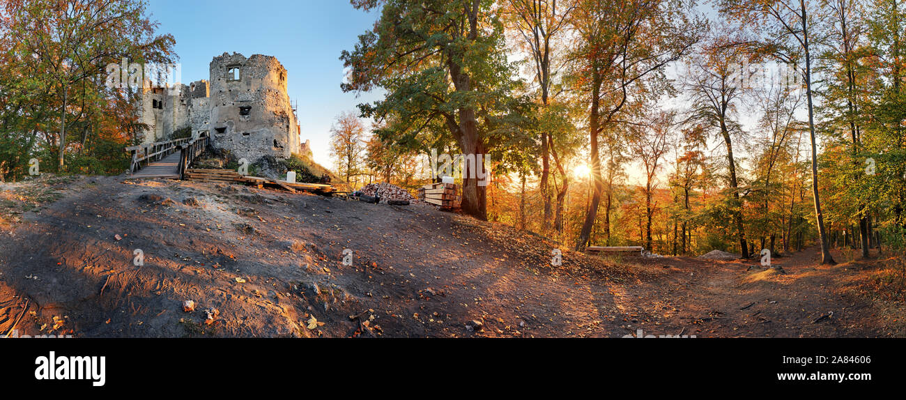 Panorama della foresta autunnale con il castello di Uhrovec in Slovacchia al tramonto Foto Stock