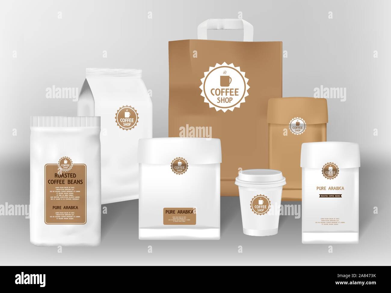 Set di caffè realistiche pacchetto di carta design mockup per identità di marca. La caffetteria e il ristorante Craft pacchetto zip. Bevanda calda tazza di vettore isolato Illustrazione Vettoriale