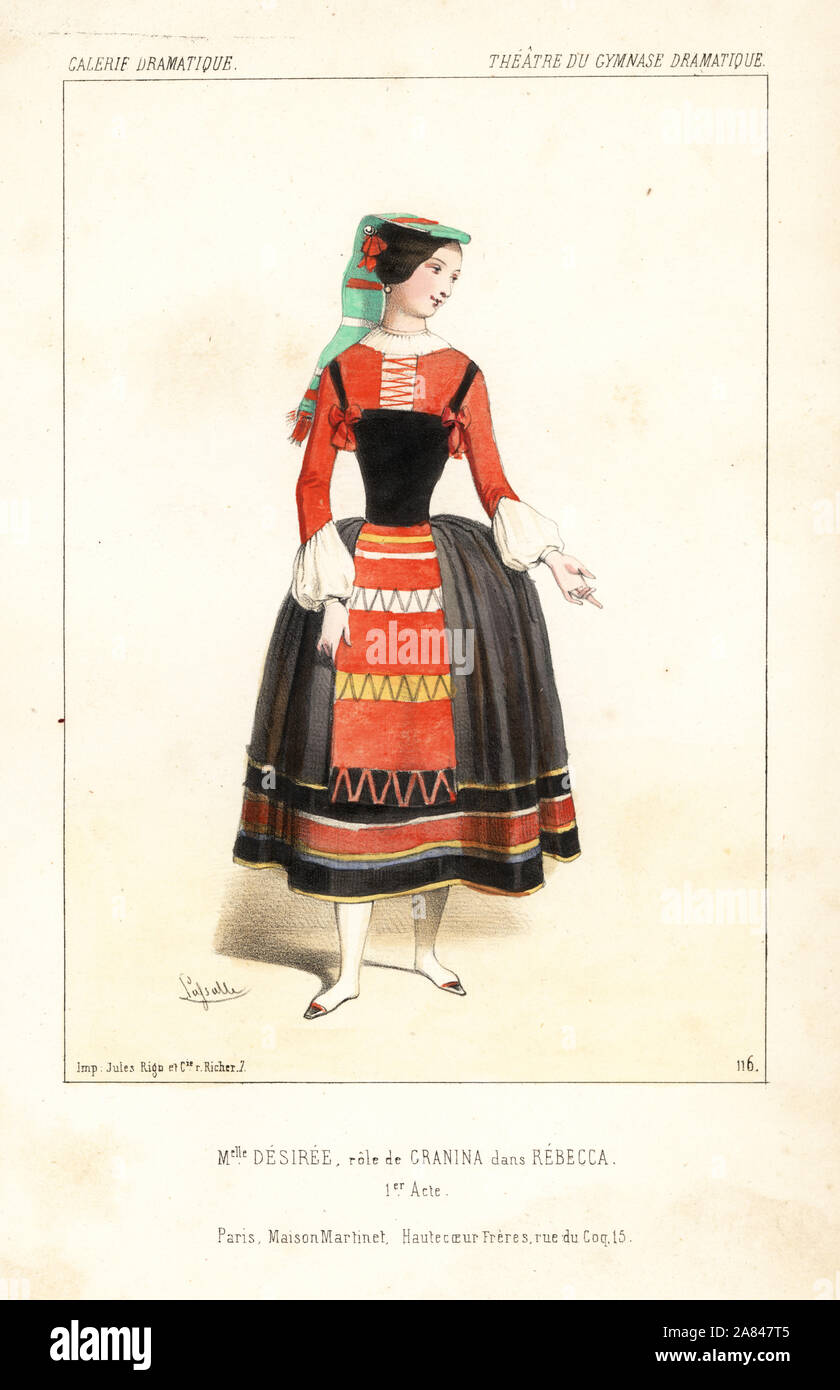Mlle. Desiree come Gianina in Rebecca, Atto I, da Eugène Scribe, Theatre du Gymnase Dramatique, 1844. Litografia Handcolored dopo una illustrazione di Louis Lasalle da Victor Dollet's Galerie Dramatique: costumi des teatri de Paris, Paris, 1845. Foto Stock
