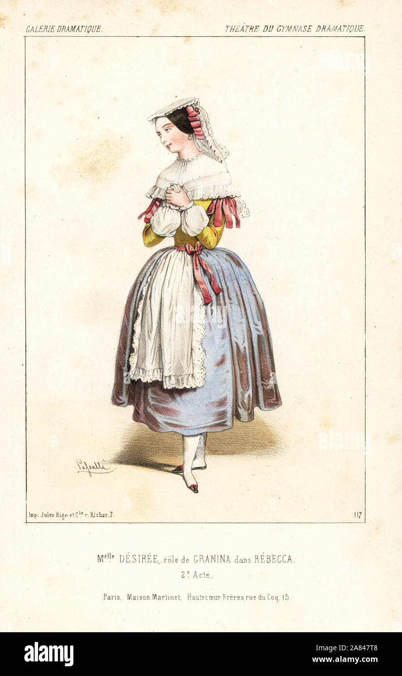 Mlle. Desiree come Gianina in Rebecca, atto II, da Eugène Scribe, Theatre du Gymnase Dramatique, 1844. Litografia Handcolored dopo una illustrazione di Louis Lasalle da Victor Dollet's Galerie Dramatique: costumi des teatri de Paris, Paris, 1845. Foto Stock