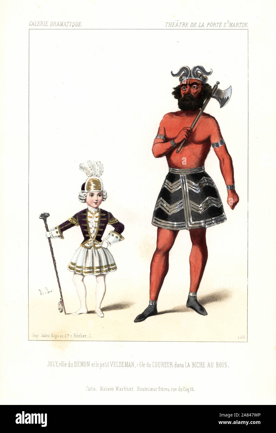 Adrien Joly come un demonio e Petit Veldeman come Coureur nei fratelli Cogniard' La Biche au Bois, Teatro de la Porte San Martin, 1845. Litografia Handcolored dopo una illustrazione di Alexandre Lacauchie da Victor Dollet's Galerie Dramatique: costumi des teatri de Paris, Paris, 1845. Foto Stock