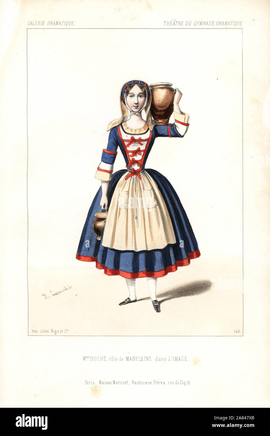 Madame Charlotte Doche, Eugenie Fleury o Marie Charlotte Eugenie Plunkett nel ruolo di Madeleine di Eugène Scribe è l'immagine, Gymnase Dramatique, 1845. Litografia Handcolored dopo una illustrazione di Alexandre Lacauchie da Victor Dollet's Galerie Dramatique: costumi des teatri de Paris, Paris, 1845. Foto Stock
