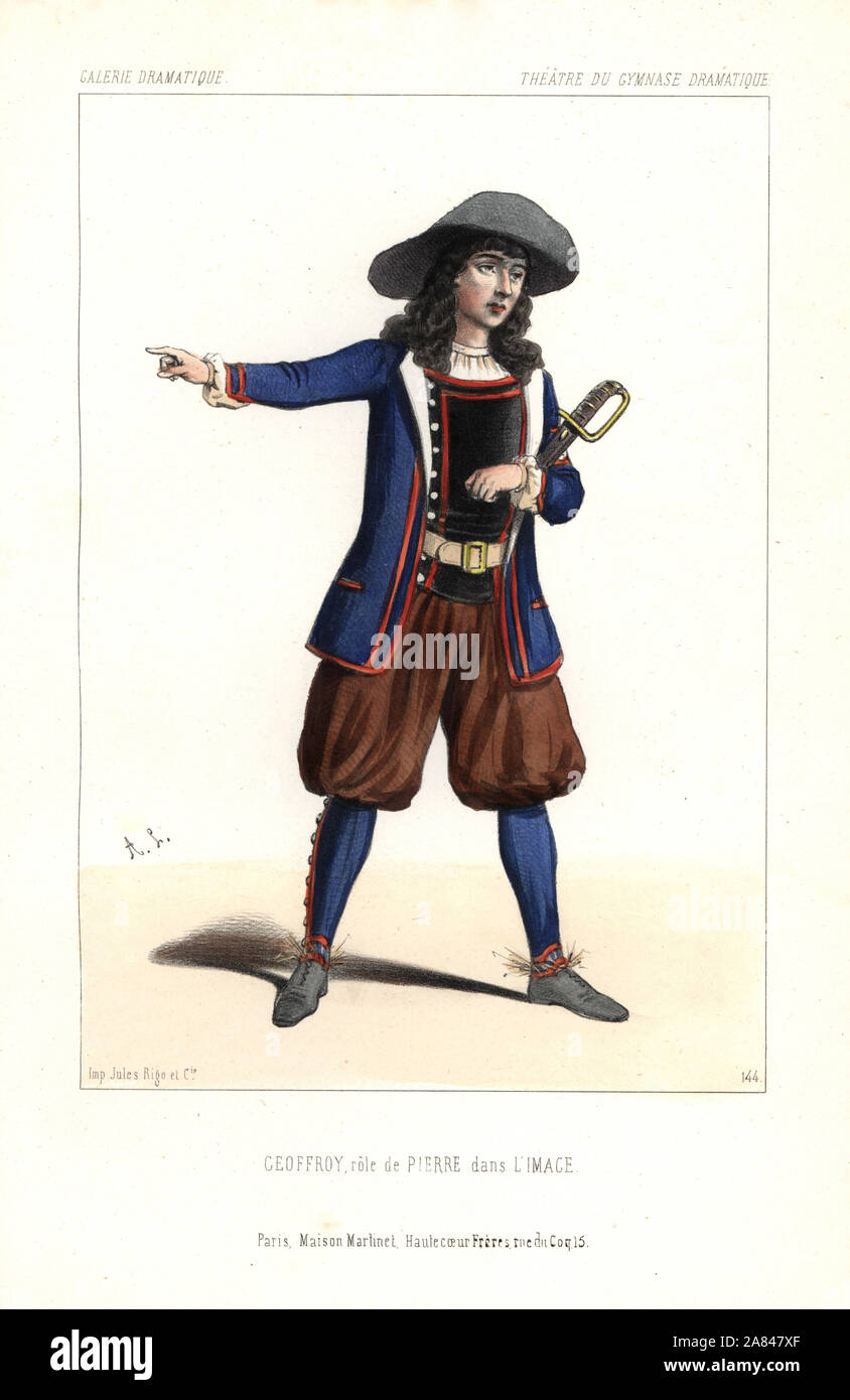 Jean-Marie Joseph Geoffroy nel ruolo di Pierre di Eugène Scribe è l'immagine, Gymnase Dramatique, 1845. Litografia Handcolored dopo una illustrazione di Alexandre Lacauchie da Victor Dollet's Galerie Dramatique: costumi des teatri de Paris, Paris, 1845. Foto Stock