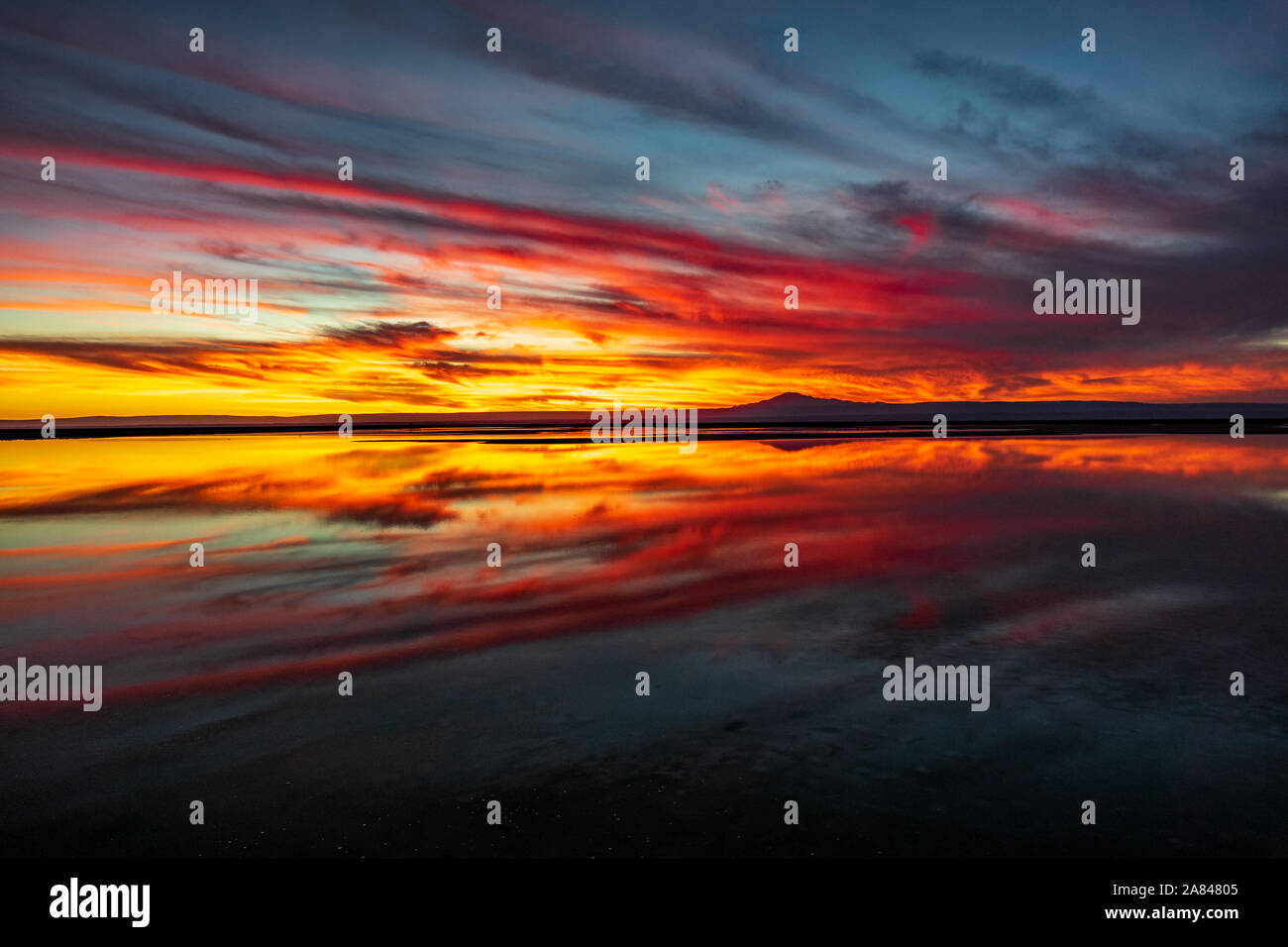 Tramonto con cloudscape riflessione a laguna Chaxa, Atacama Foto Stock