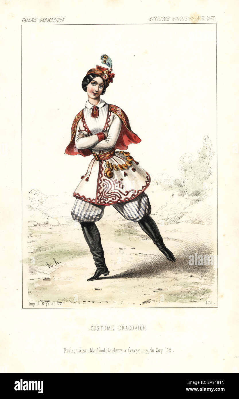 Ballerino femmina eseguendo una mazurka in costume di una donna di Cracovia, presso l' Academie Royale de Musique, 1845. Litografia Handcolored dopo una illustrazione di Alexandre Lacauchie da Victor Dollet's Galerie Dramatique: costumi des teatri de Paris, Paris, 1845. Foto Stock