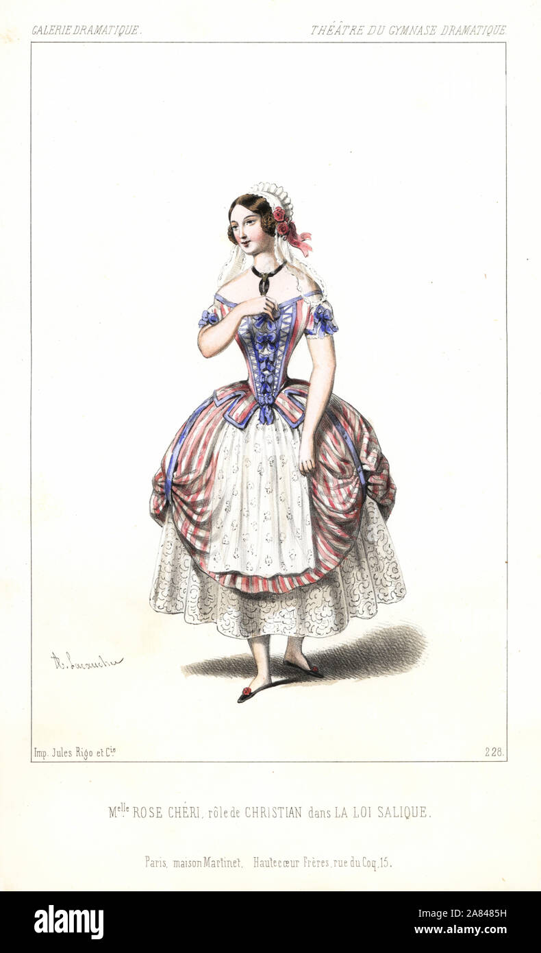 L'attrice francese Rose-Marie Cizos o Mlle. Rose Cheri come cristiano in La Loi Salique da Eugène Scribe, Theatre du Gymnase Dramatique, 1845. Litografia Handcolored dopo una illustrazione di Alexandre Lacauchie da Victor Dollet's Galerie Dramatique: costumi des teatri de Paris, Paris, 1845. Foto Stock