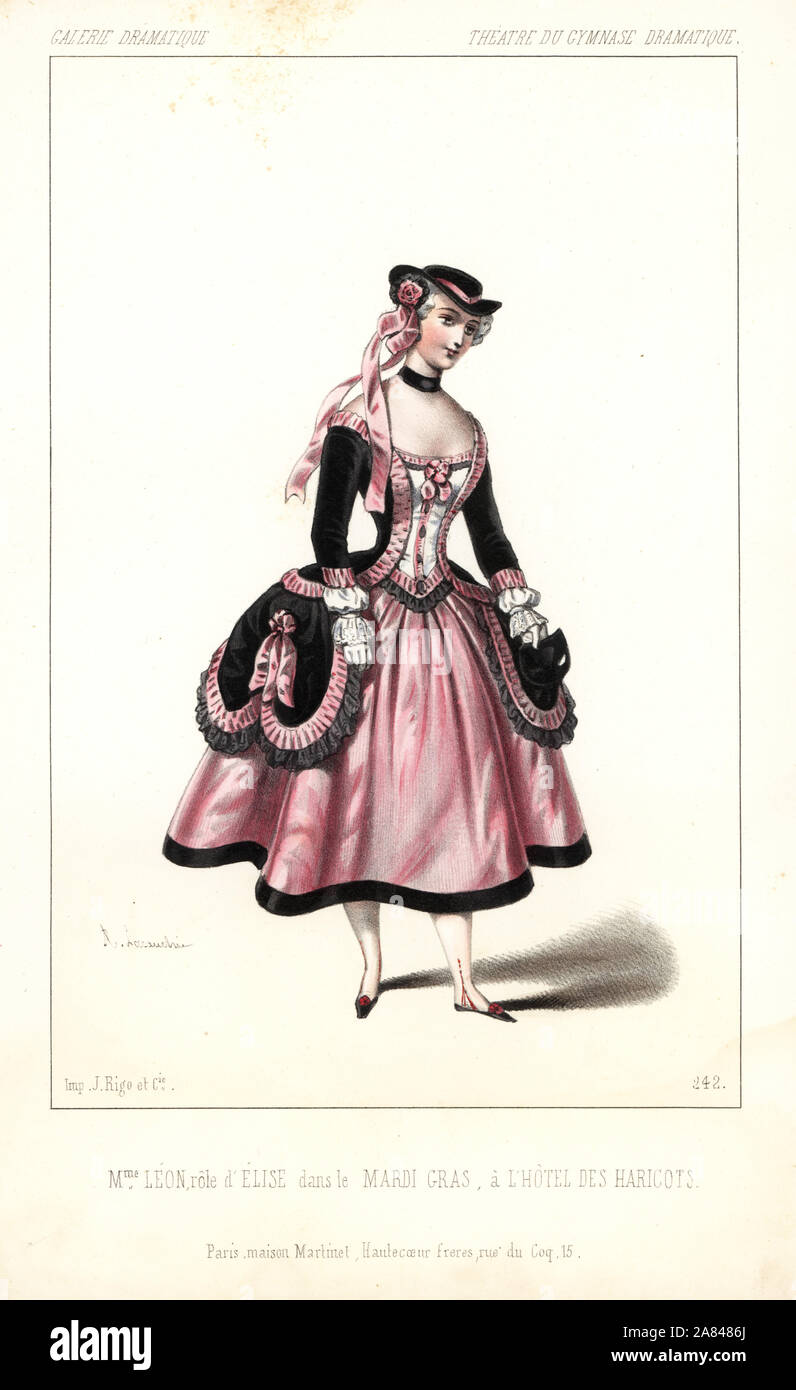 Madame Leon come Elise in Le Mardi Gras a l'Hotel des Haricots, folie-carnaval da Chapelle e Clairville, Teatro de Gymnase Dramatique, 1846. Litografia Handcolored dopo una illustrazione di Alexandre Lacauchie da Victor Dollet's Galerie Dramatique: costumi des teatri de Paris, Paris, 1846. Foto Stock
