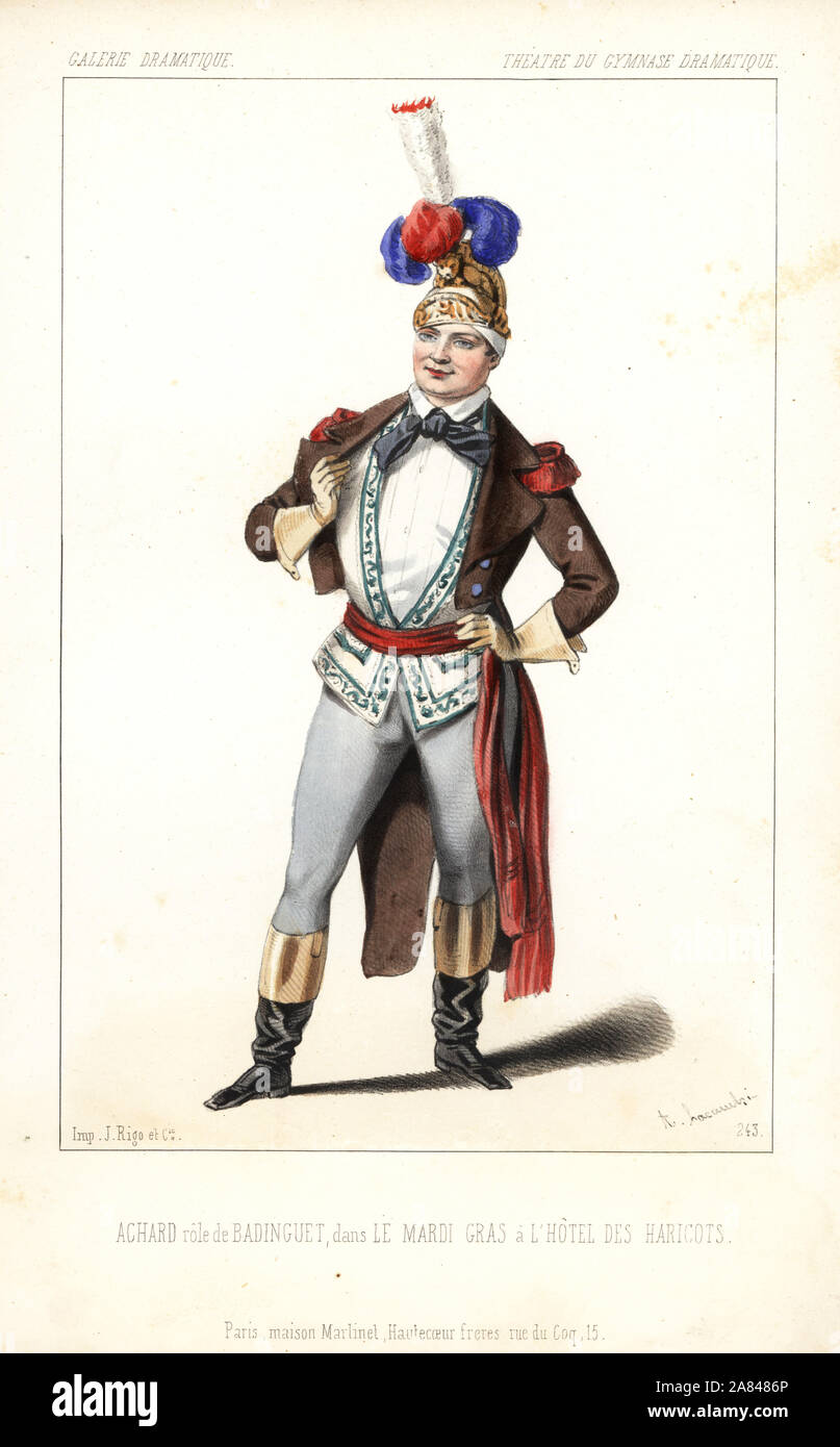 Attore francese Pierre-Frederic Achard come Badinguet in Le Mardi Gras a l'Hotel des Haricots da Laurencin e Clairville, Theatre du Gymnase Dramatique, 1846. Litografia Handcolored dopo una illustrazione di Alexandre Lacauchie da Victor Dollet's Galerie Dramatique: costumi des teatri de Paris, Paris, 1846. Foto Stock