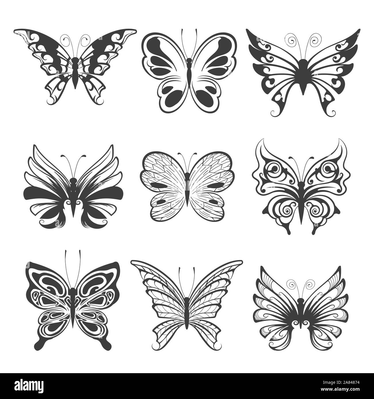 Set di disegnati a mano farfalle isolati su sfondo bianco. Illustrazione Vettoriale. Illustrazione Vettoriale