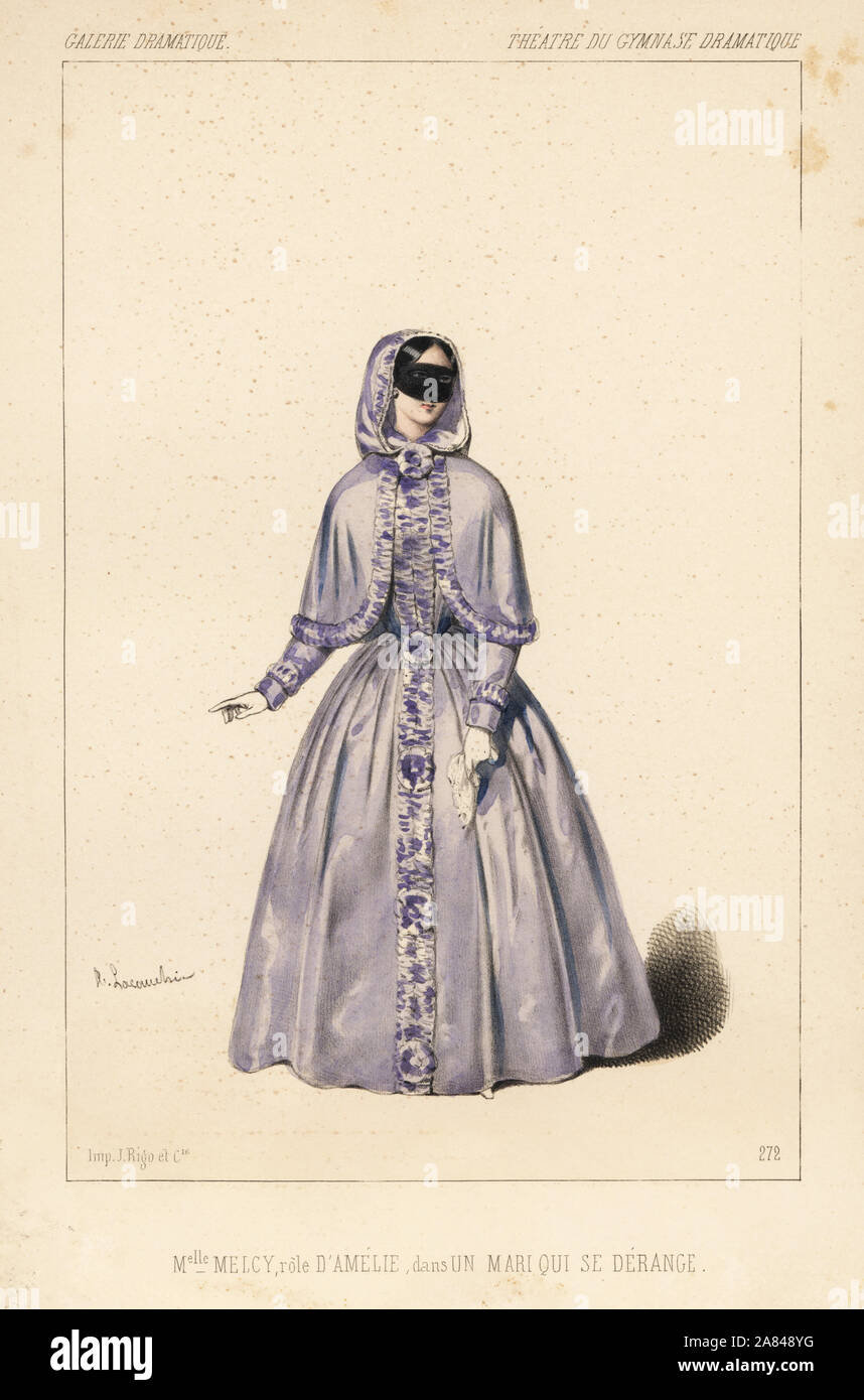 Mlle. Melcy come Amelie a un ballo in maschera a Onu Mari qui se Derange da Cormon e Grange, Theatre du Gymnase Dramatique, 1846. Litografia Handcolored dopo una illustrazione di Alexandre Lacauchie da Victor Dollet's Galerie Dramatique: costumi des teatri de Paris, Paris, 1846. Foto Stock