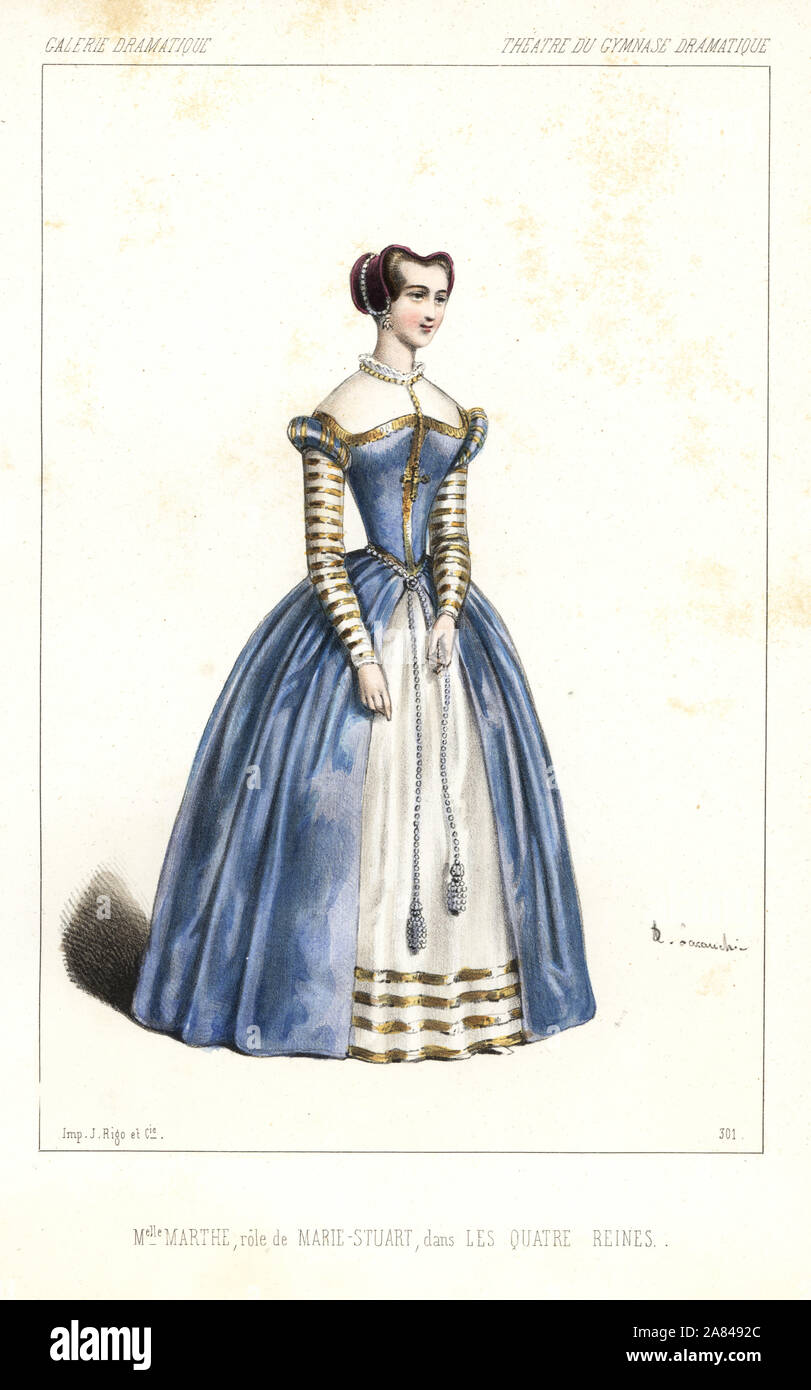 Mlle. Marthe Letessier come Marie Stuart in Les Quatre Reines, Theatre du Gymnase Dramatique, 1846. Litografia Handcolored dopo una illustrazione di Alexandre Lacauchie da Victor Dollet's Galerie Dramatique: costumi des teatri de Paris, Paris, 1846. Foto Stock