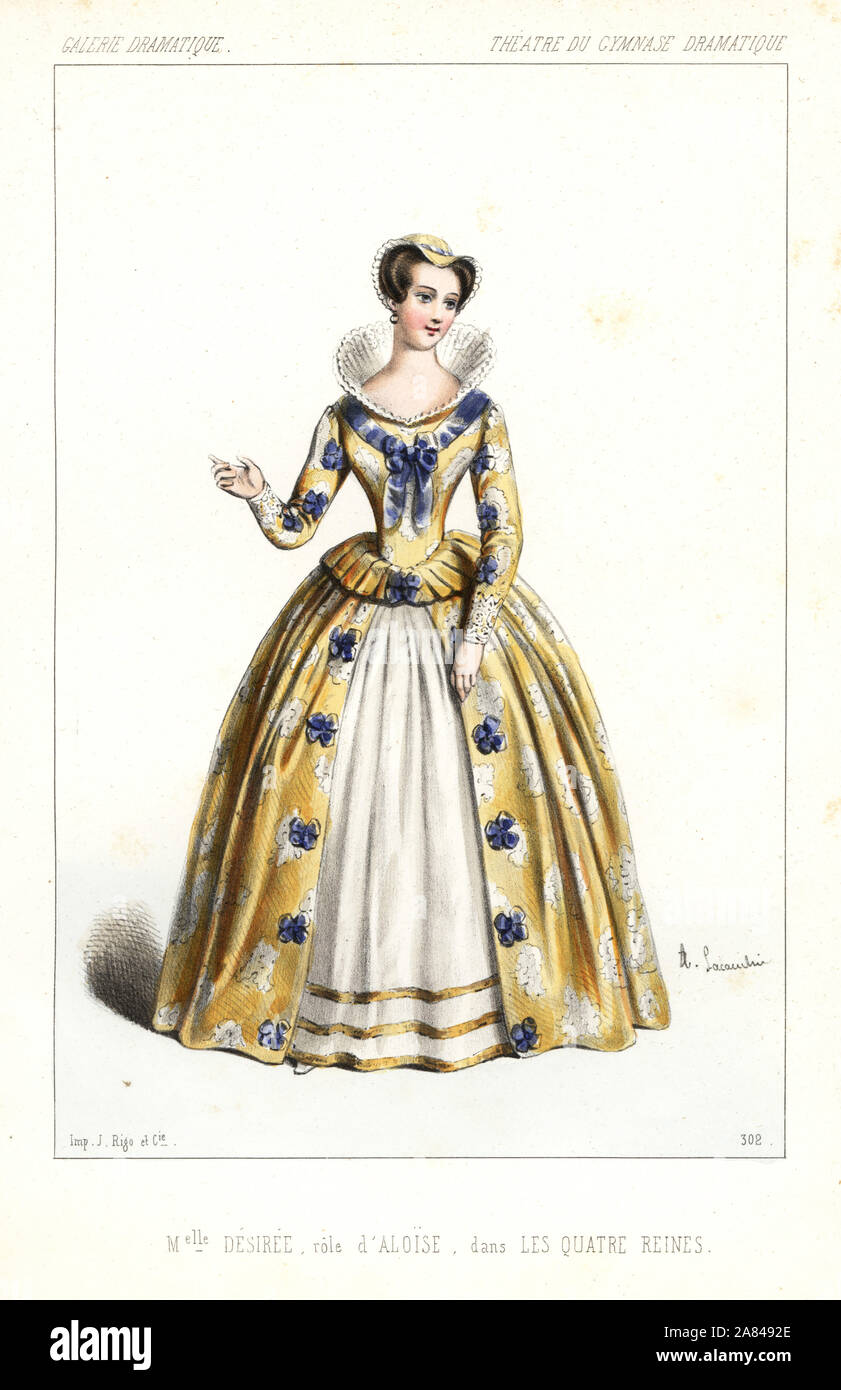 Mlle. Desiree come Aloise in Les Quatre Reines, Theatre du Gymnase Dramatique, 1846. Litografia Handcolored dopo una illustrazione di Alexandre Lacauchie da Victor Dollet's Galerie Dramatique: costumi des teatri de Paris, Paris, 1846. Foto Stock